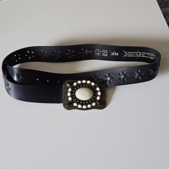 Vintage Roberto Vianni Black Leather Belt with White and Black Accents - Picture 1 of 6